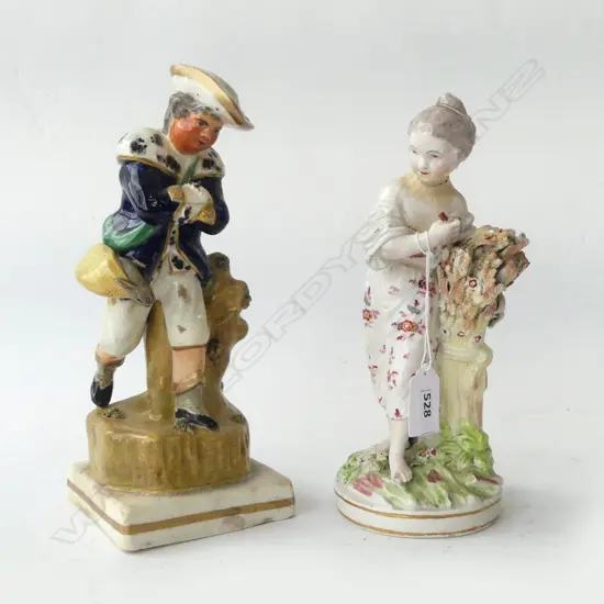 2 18thC FIGURES; PEARLWARE SKATING MAN H.230mm, BOW PORCELAIN WOMAN (old repairs)
