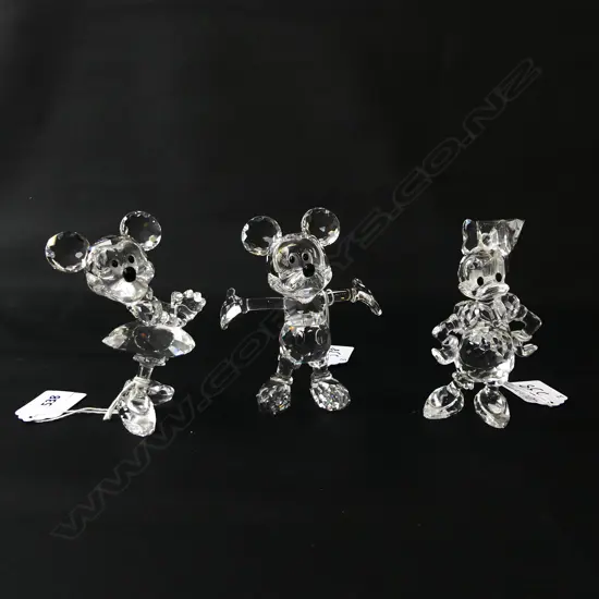 TRIO DISNEY THEMED SWAROVSKI ORNAMENTS, MICKEY MINNIE & DAISY H.100mm Daisy needs repair