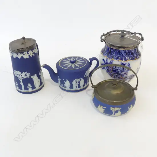 3 PCES WEDGWOOD JASPERWARE + CARLTON WARE BISCUIT BARREL