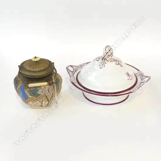 DOULTON BURSLEM BISCUIT BARREL 1886-1901 IVORY FITTINGS (handle needs repair) & VICTORIAN AMORIAL TUREEN