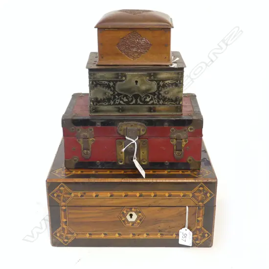 4 VINTAGE BOXES, 1 WOODEN MARQUETRY & MOP