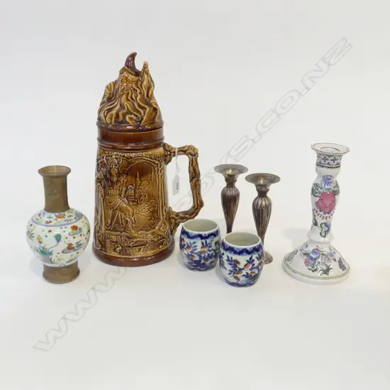 7 PCES; LG LIDDED TANKARD H.360mm, PR CUPS, PR EP CANDLESTICKS + ANTHER & DOUCAI VASE