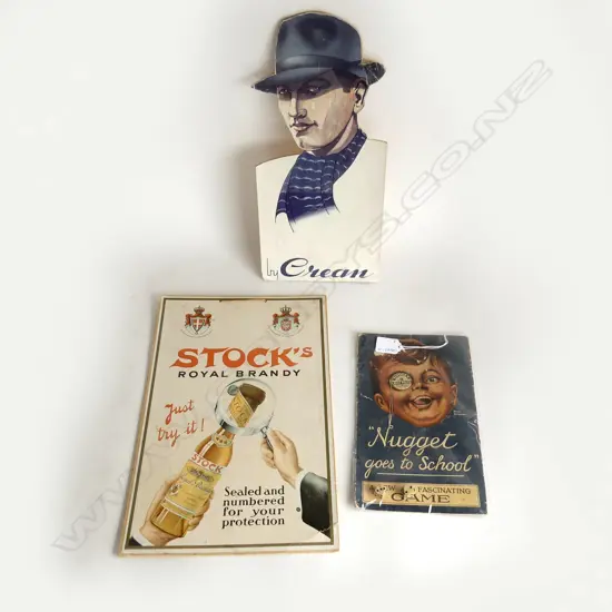 2 VINTAGE SHOP SIGNS & 'NUGGET GOES TO SCHOOL' GAME w DICE