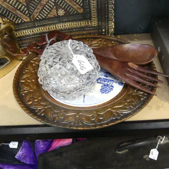 3 items: DUTCH DELFT copper framed WALL PLAQUE + CRYSTAL LIDDED BOWL + PR tropical hardwood SALAD SERVERS