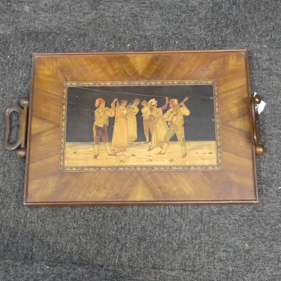 20TH C ITALIAN INLAID WOOD GAMES TRAY L470 H330MM FAULTS