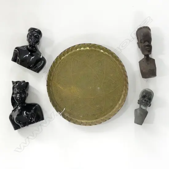 4 BUSTS 1 STNE 1 WOOD 2 CHINA ON ISLAMIC BRASS TRAY DIA 350MM