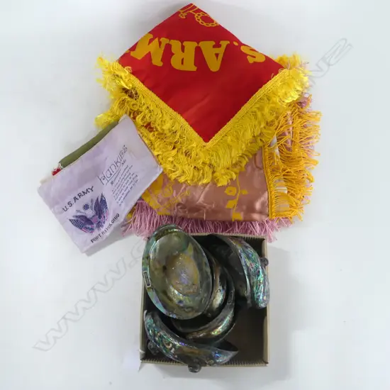 WWII US ARMY MEMORABILIA; CUSHION COVERS, HANKIE POUCH w 'SWEETHEART USA' & 6 FOOTED POLISHED PAUA SHELLS