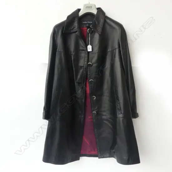 CAROLINE MOORE NZ designer BLACK LEATHER LADIES FULL LENGTH COAT size 12 (but very small)