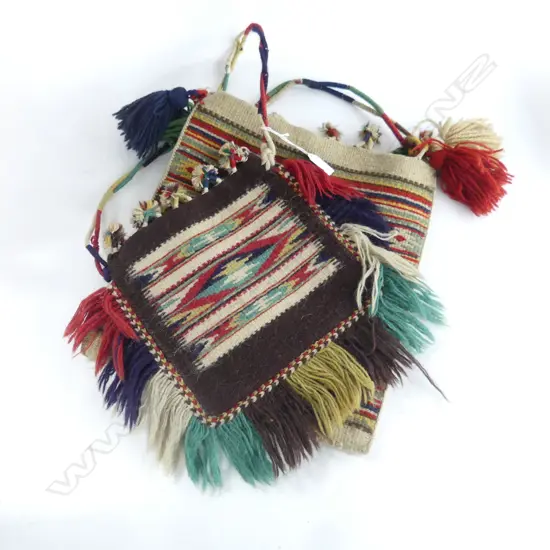 2 VINTAGE BURMESE HAND WOVEN SHAN SHOULDER BAGS L240  & 320MM