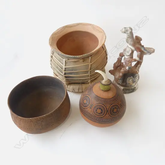 3 TRIBAL POTTERY PCES; 2 BOWLS 250mm dia, FIGURINE + GOURD