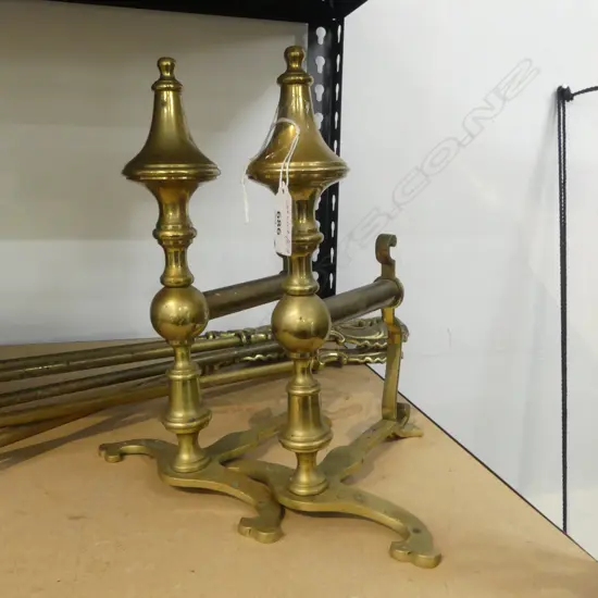 Six piece brass fire tidy set incl pair of dogs and implements