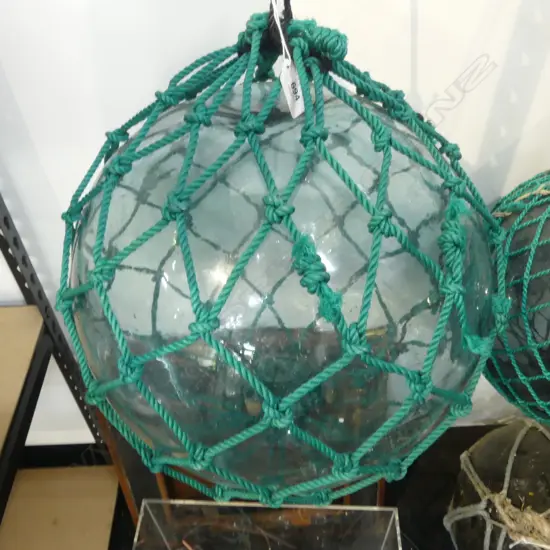 OLD GLASS FISHING FLOAT w. NETTING APPROX DIA.300mm hand blown