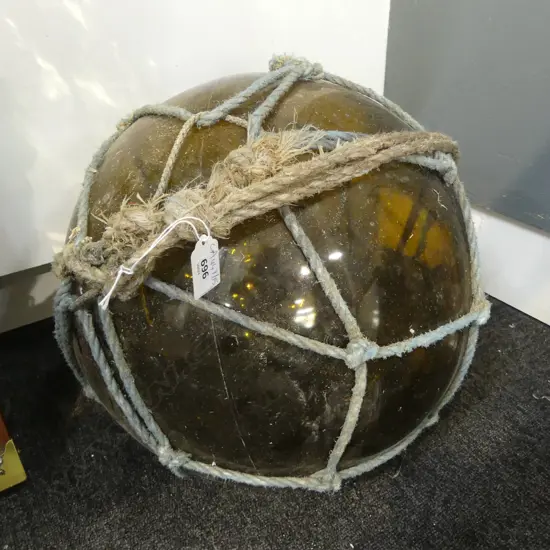 OLD GLASS FISHING FLOAT w. NETTING APPROX DIA.340mm hand blown