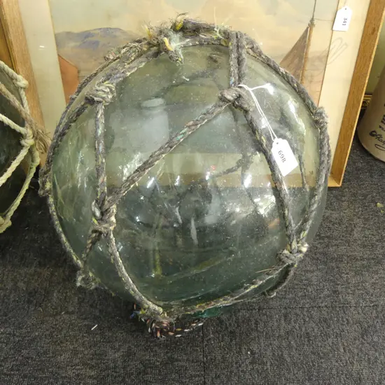 OLD GLASS FISHING FLOAT w. NETTING APPROX DIA.320mm hand blown