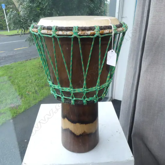 CARVED WOOD & SKIN ETHNIC DRUM H410MM