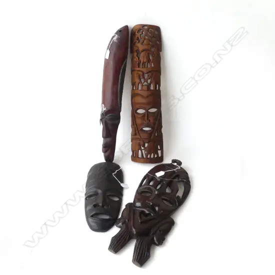 4 AFRICAN CARVED WOOD WALL FACE MASKS L580MM LONGEST