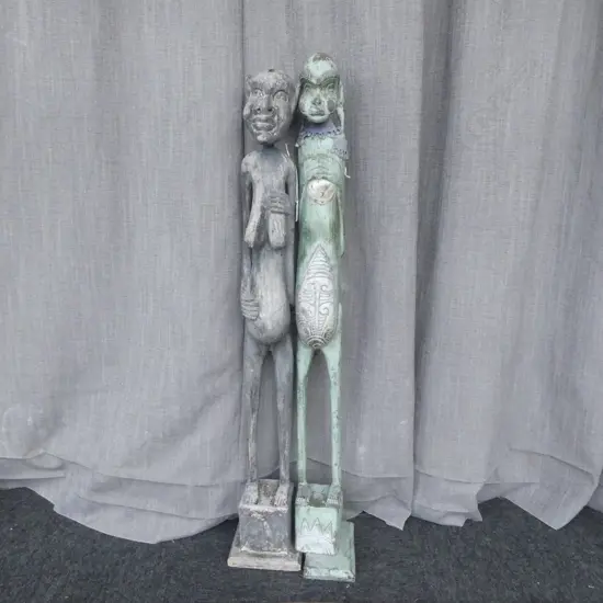 2 TALL ETHNIC INDONESION CARVED WOOD FIGURES H980MM