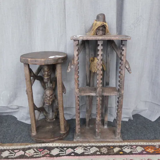 BALINESE CARVED CD RACK H820MM & FIGURAL STOOL H560MM