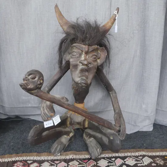 INDONESION CARVED WOOD HORNED FIGURE H780MM