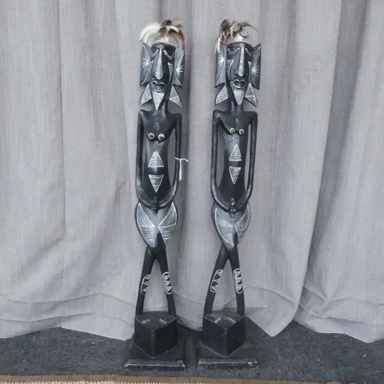 2 WOOD CARVED & PAINTED FEMALE FIGURES H1000MM