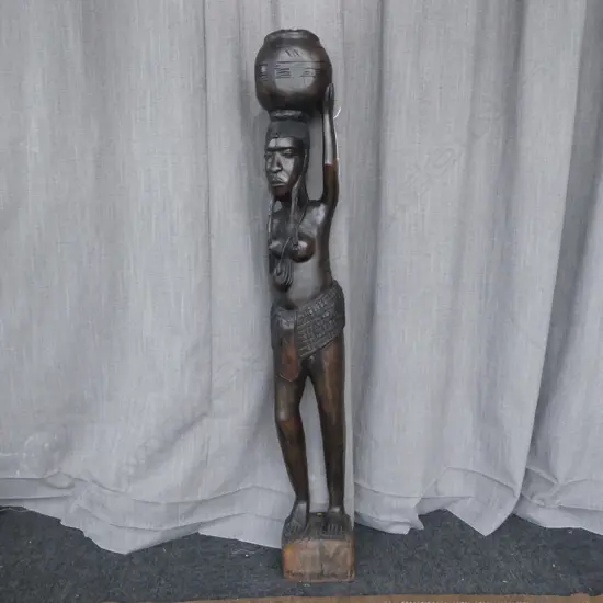 AFRICAN HARDWOOD FIGURAL CARVING WOMAN CARRYING POT H1250MM