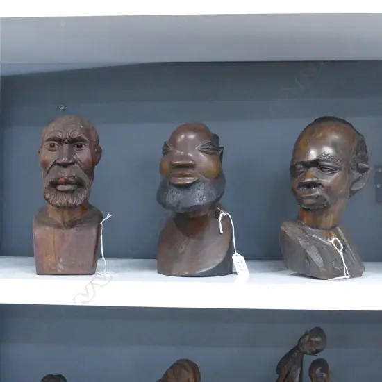 3 AFRICAN CARVED WOOD MALE BUSTS H250MM