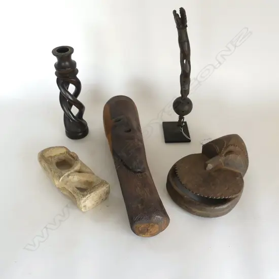 5 ASST. TRIBAL / AFRICAN PCES; MASK, CANDLESTICK H.235mm ETC