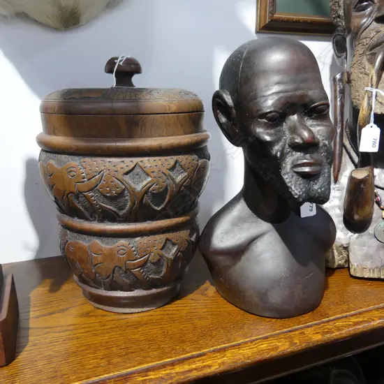 AFRICAN CARVED WOOD MALE BUST H310MM & CARVED WOOD LIDDED STORAGE POT H300MM
