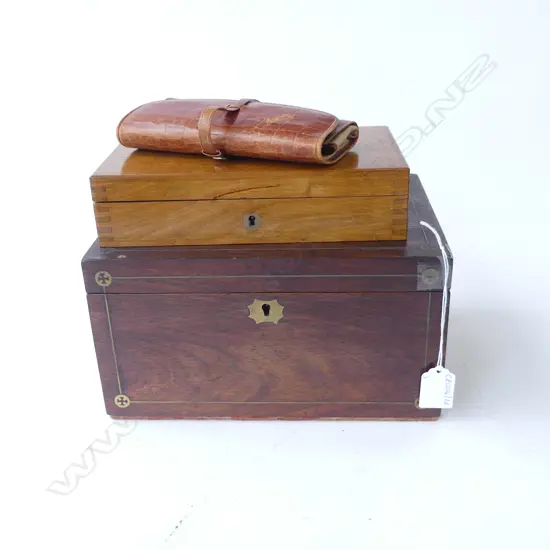 INLAID WOODEN BOX, CASED DRAWING SET, NAIL SET
