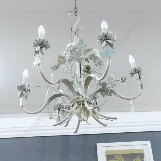 LG WHITE METAL 6 LIGHT FLORAL CHANDELIER 800mm dia, H600mm