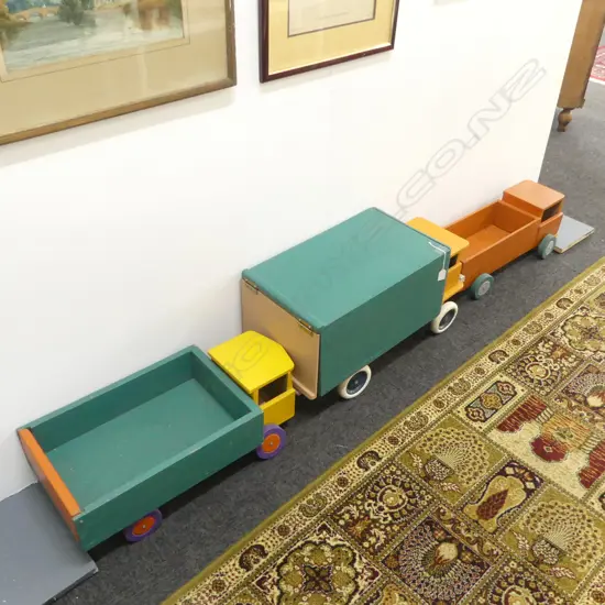 3 LG PAINTED WOODEN TOY TRUCKS L.680mm