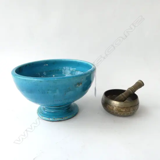 BLUE GLAZED FOOTED BOWL 285mm dia + SINGING BOWL