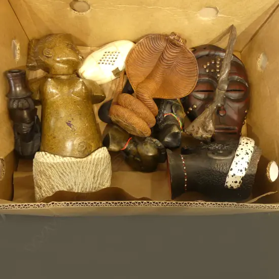 COLLECTION OF 10 AFRICAN ART PCS WOOD STONE BONE ETC