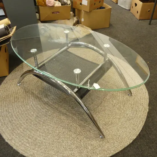 DESIGNER COFFEE TABLE, OVAL GLASS TOP 1030x595x390mm
