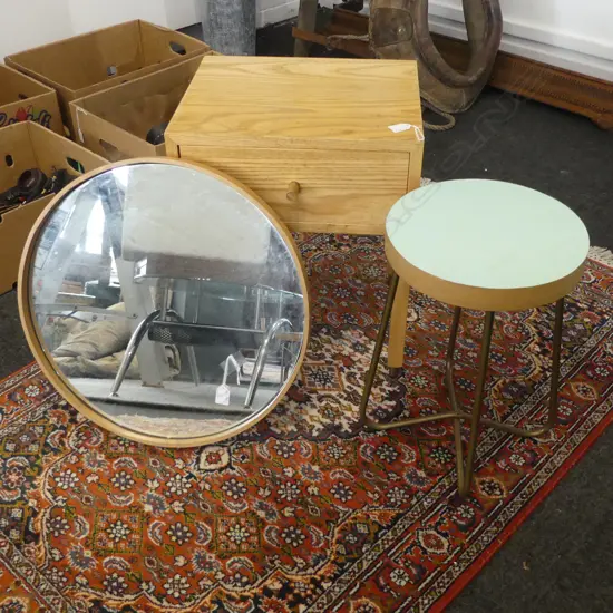 AMERICAN OAK BEDSIDE DRAWER 425x355x525mm + ROUND STOOL H.455mm & MIRROR 520mm dia