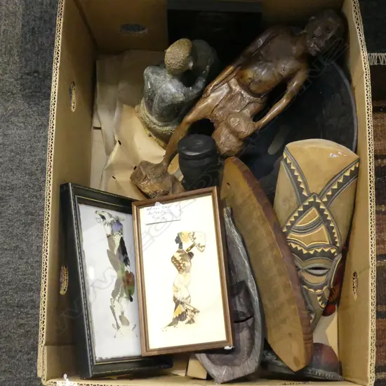 15PC COLLECTION AFRICAN ART WOOD CARVINGS BUTTERFLY PICTURES ETC