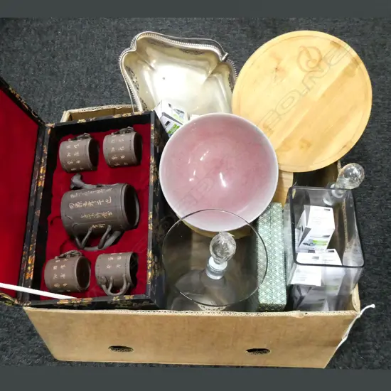 GLASS VASES, CASED FISH SET & YIXING WARE TEA SET, ETC