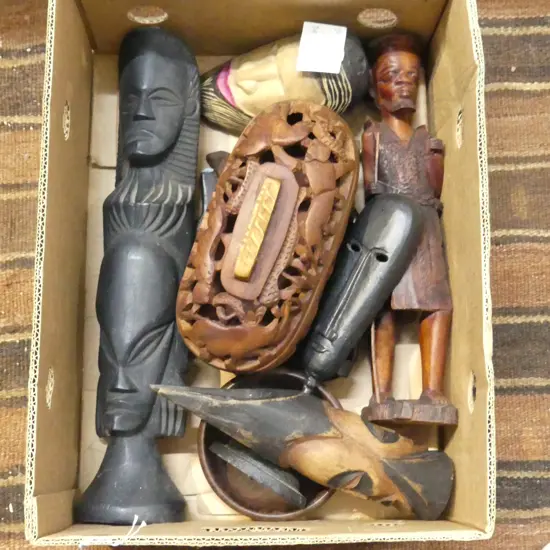 8 AFRICAN WOOD CARVINGS & METAL MOUNTED MASK H310MM