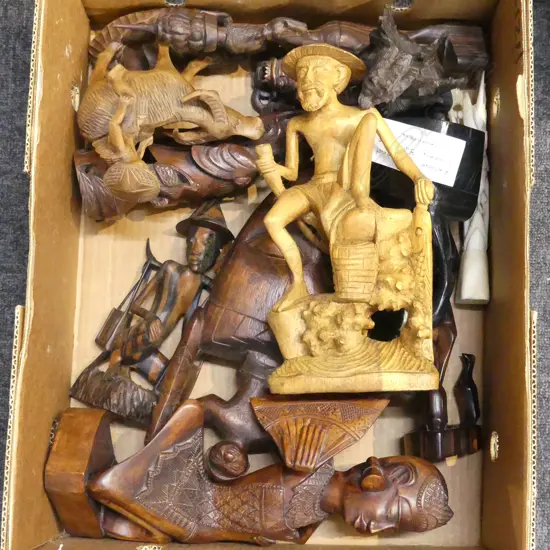 COLLECTION OF 12 INDONESION WOOD & BONE CARVINGS