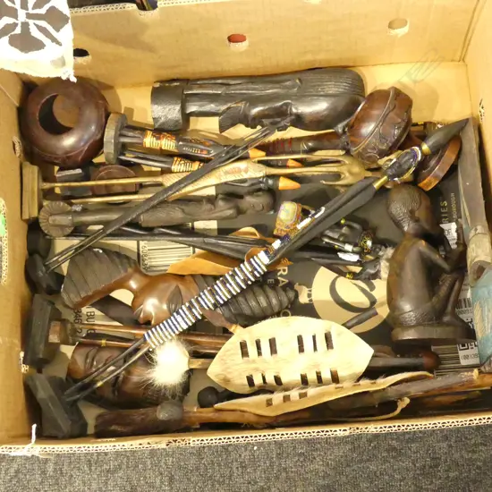 COLLECTION OF 20 AFRICAN WOOD METAL & SKIN CARVED PCS