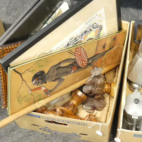 BOX OF WOOD CARVINGS PRINTS PICTURES ETC