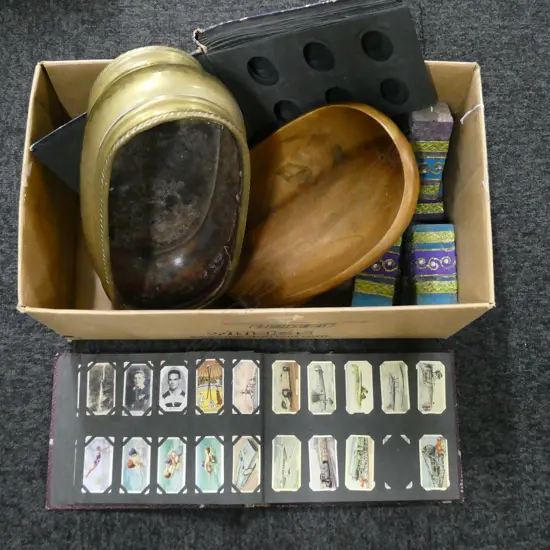 BRASS OVAL JARDINERE, 2 CARD ALBUMS, 2 WOODEN BOWLS, 6 FANCY CANDLES
