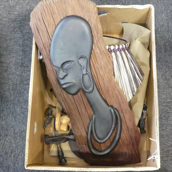 20PC COLLECTION AFRICAN ART WOOD CARVINGS GRASS SKIRT POTTERY ETC