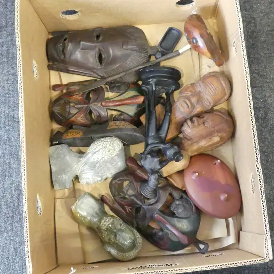 13PC COLLECTION AFRICAN MASKS BUSTS POTTERY SPEAR TOP ETC