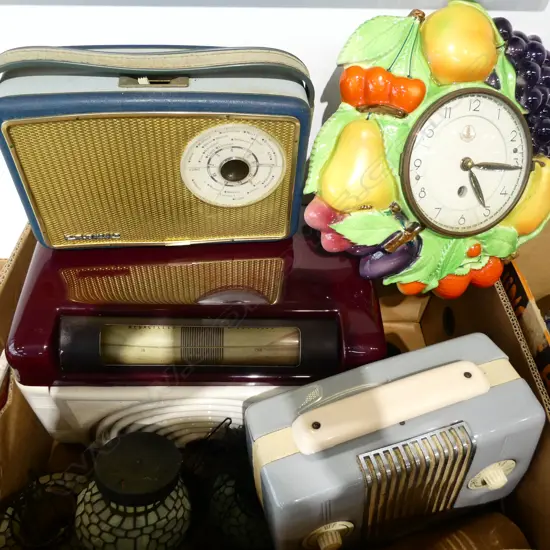 VINTAGE RADIOS, 6 LANTERNS, FRUIT WALL CLOCK