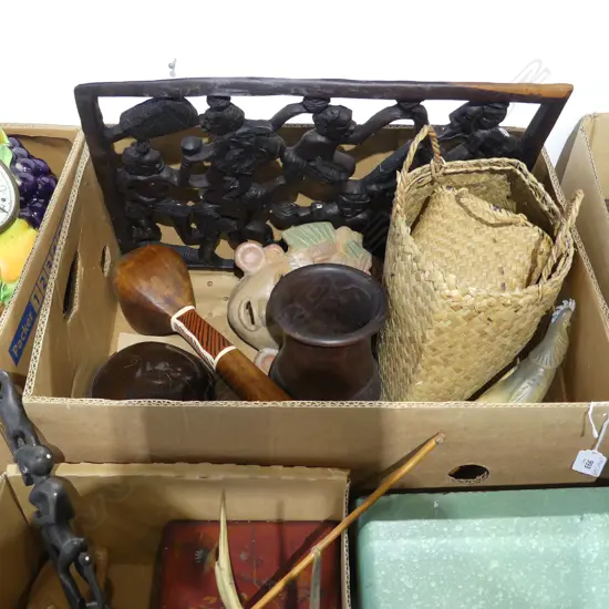 BOX OF ETHNIC WOOD POTTERY & WOVEN PCS