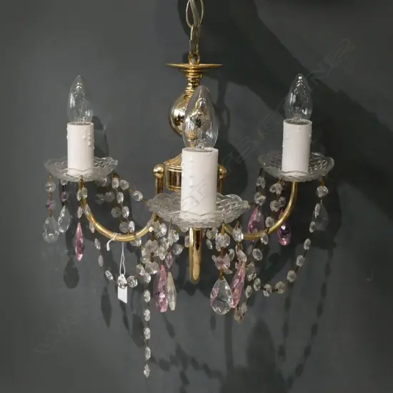 CHANDELIER WITH CRYSTAL & PINK CRYSTAL FACETED DROPS – REWIRED & WORKING, L550MM