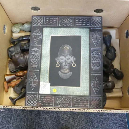 20PC COLLECTION AFRICAN CARVED WOOD & STONE FIGURES MASK ETC