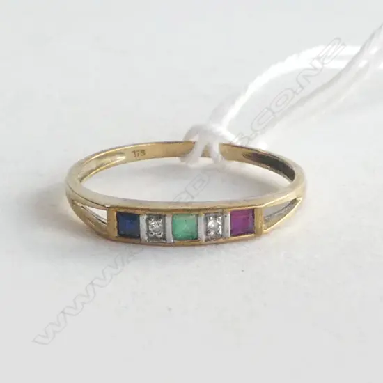 9CT GOLD RUBY EMERALD SAPPHIRE & DIAMOND RING size O