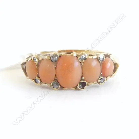 9CT GOLD ANTIQUE PINK CORAL & NATIVE CUT DIAMOND RING  1 DIAMOND MISSING 4.1gms size N 1/2